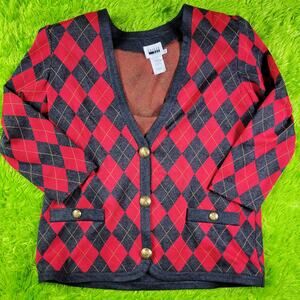 Vintage 80s 90s Preppy Argyle Button Up Cardigan Sweater, Leslie Fay, 14